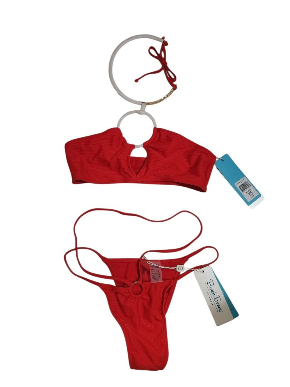 NWT Beach Bunny Swimwear Simone Collar Two Piece Set Size S Red Gold Ring Ribbed